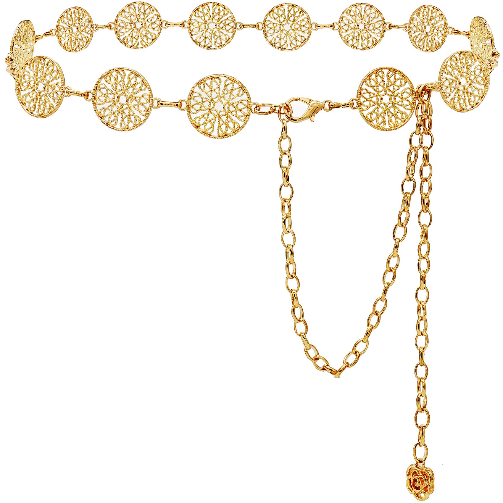 Glamorstar Chain Belts for Women Hollow Metal Waist Chain Belts Dress Belt for Her Circle Gold 105CM