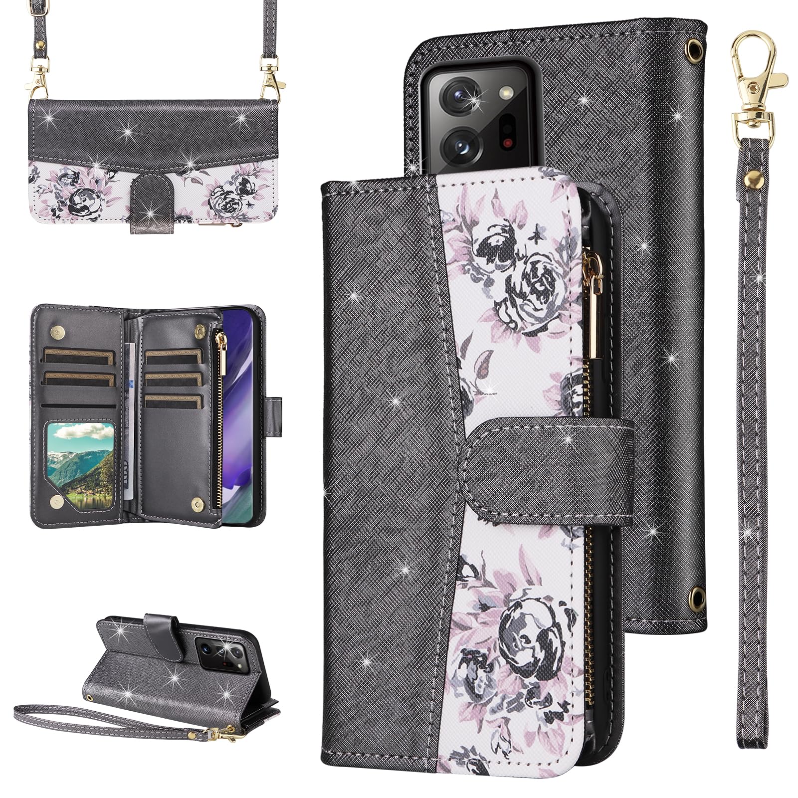 Furiet for Samsung Galaxy Note 20 Ultra 5G Floral Wallet Case with Wrist Strap Shoulder Strap Flip Zipper Purse Stand Phone Cover for Note20 Plus Notes 20Ultra Note20+ U + 20+ Twenty Not S20 Black