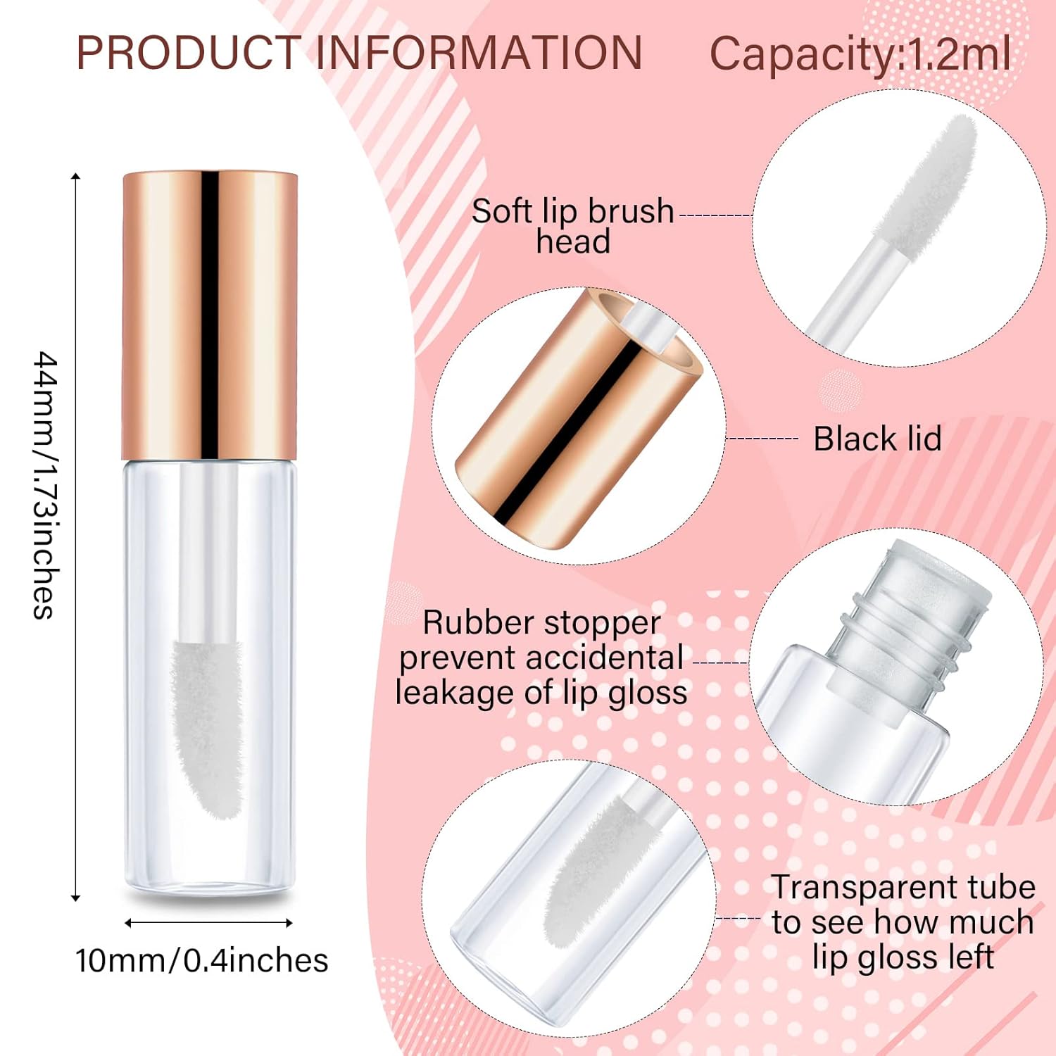 100 Pieces Clear Mini Lip Gloss Tube Refillable Empty Lip Balm Gloss Containers Bottles Transparent Mini Lipstick Containers for Women DIY Makeup(Rose Gold,1.2ml)